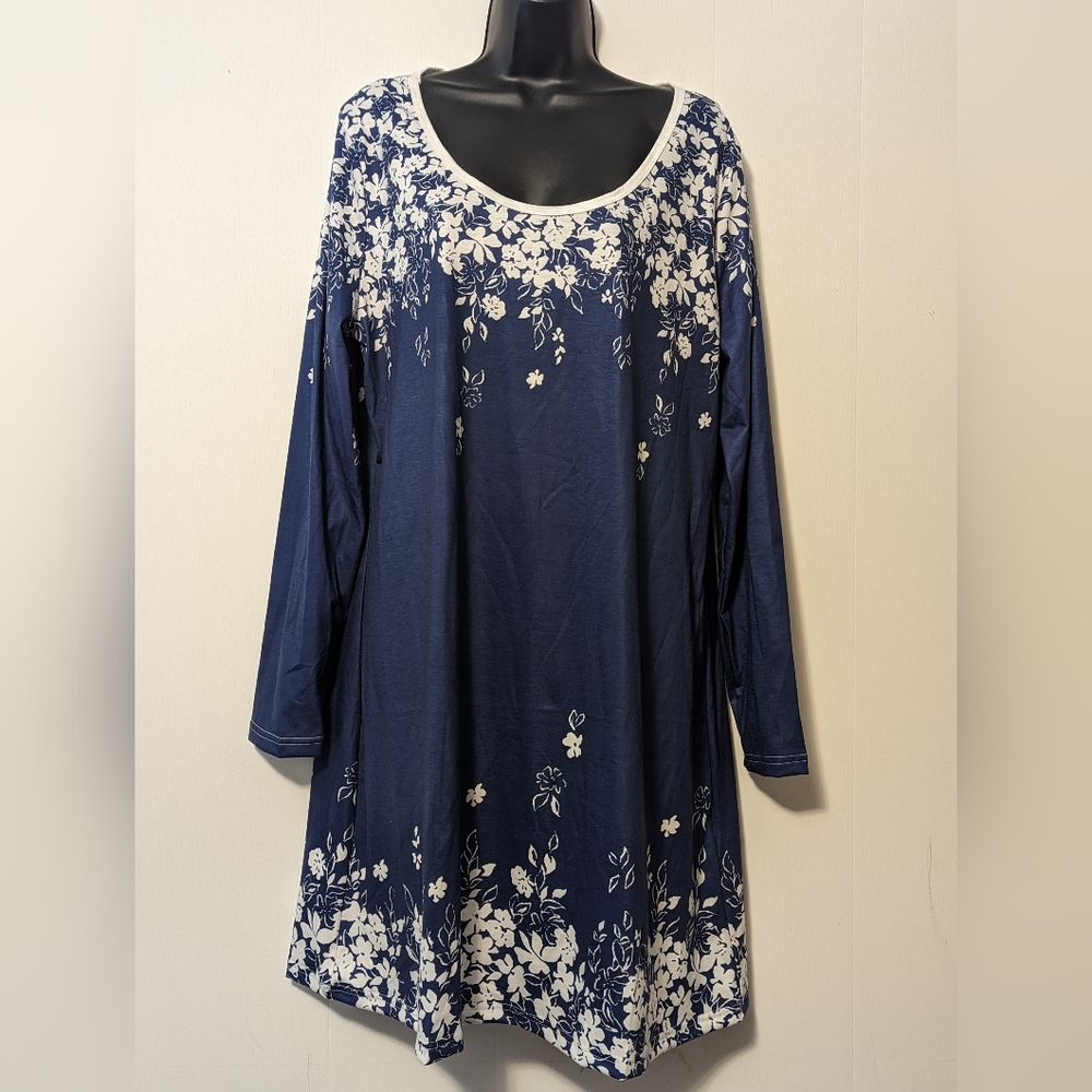 Women's Floral Print Round Neck Dress, Long Sleeve Dress Blue Color Size XXL